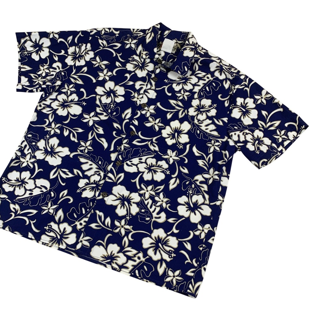 Hilo Hattie Mens Hawaiian Shirt Large Navy Blue Hibiscus Floral Cotton Made USA